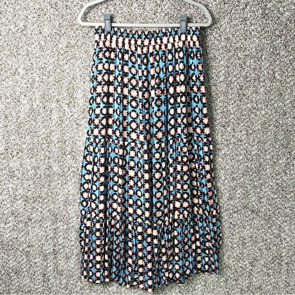 Loft Skirt Women’s MT Sunwashed Tiered Blue & Tan Floral Patterned Pull On Maxi - Picture 3 of 9